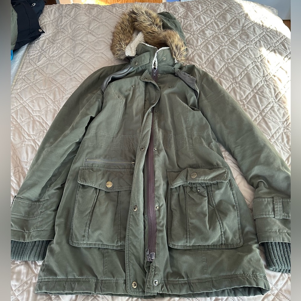 DKNY Women’s Green Hooded Parka Jacket - Small